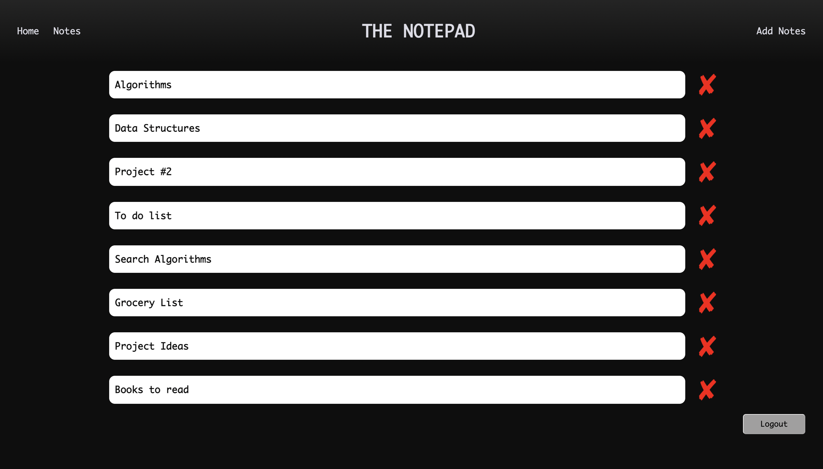 List of different notes on the notepad app